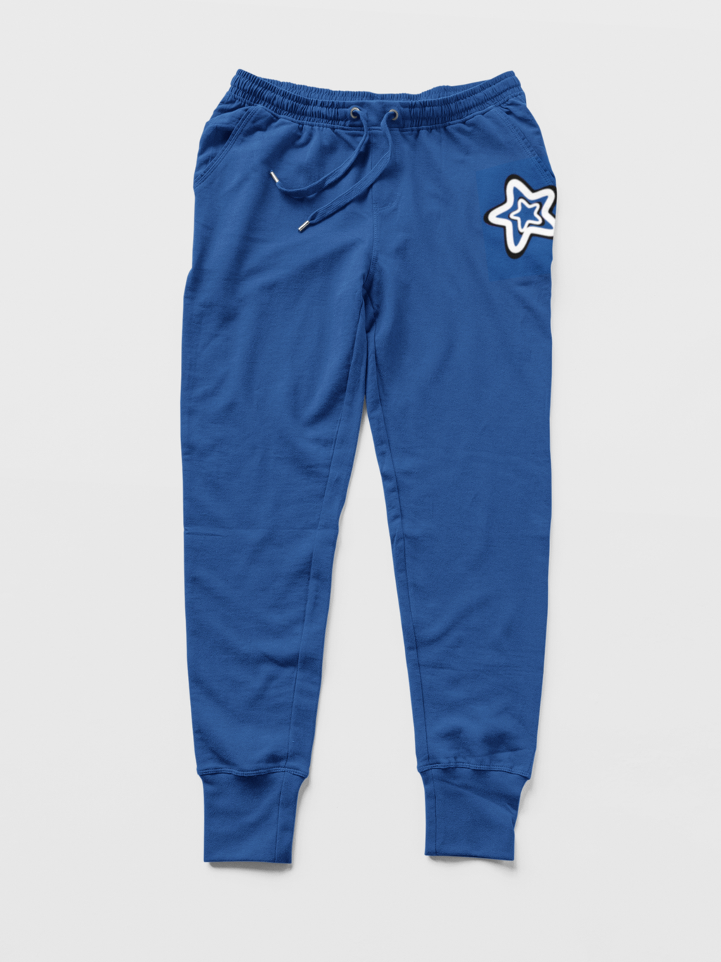 Blue jogger pants with a star design on a light gray background