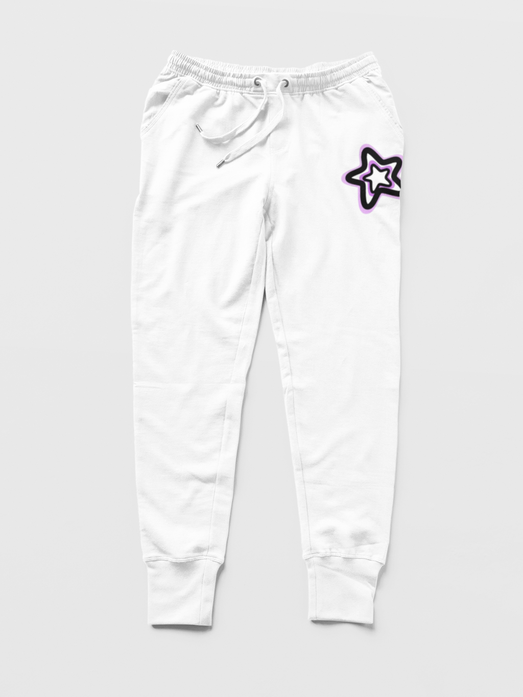 White sweatpants with a star design on a white background