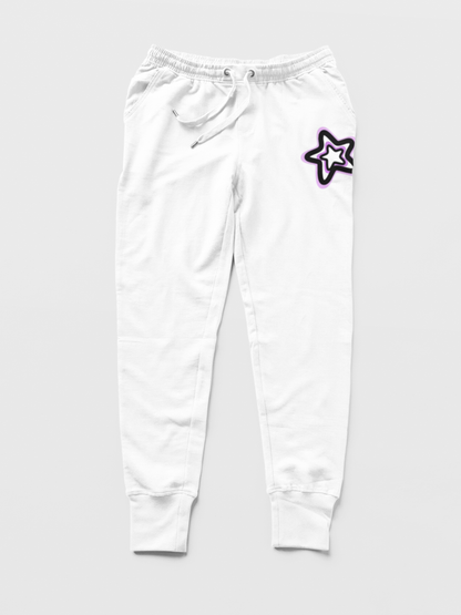 White sweatpants with a star design on a white background