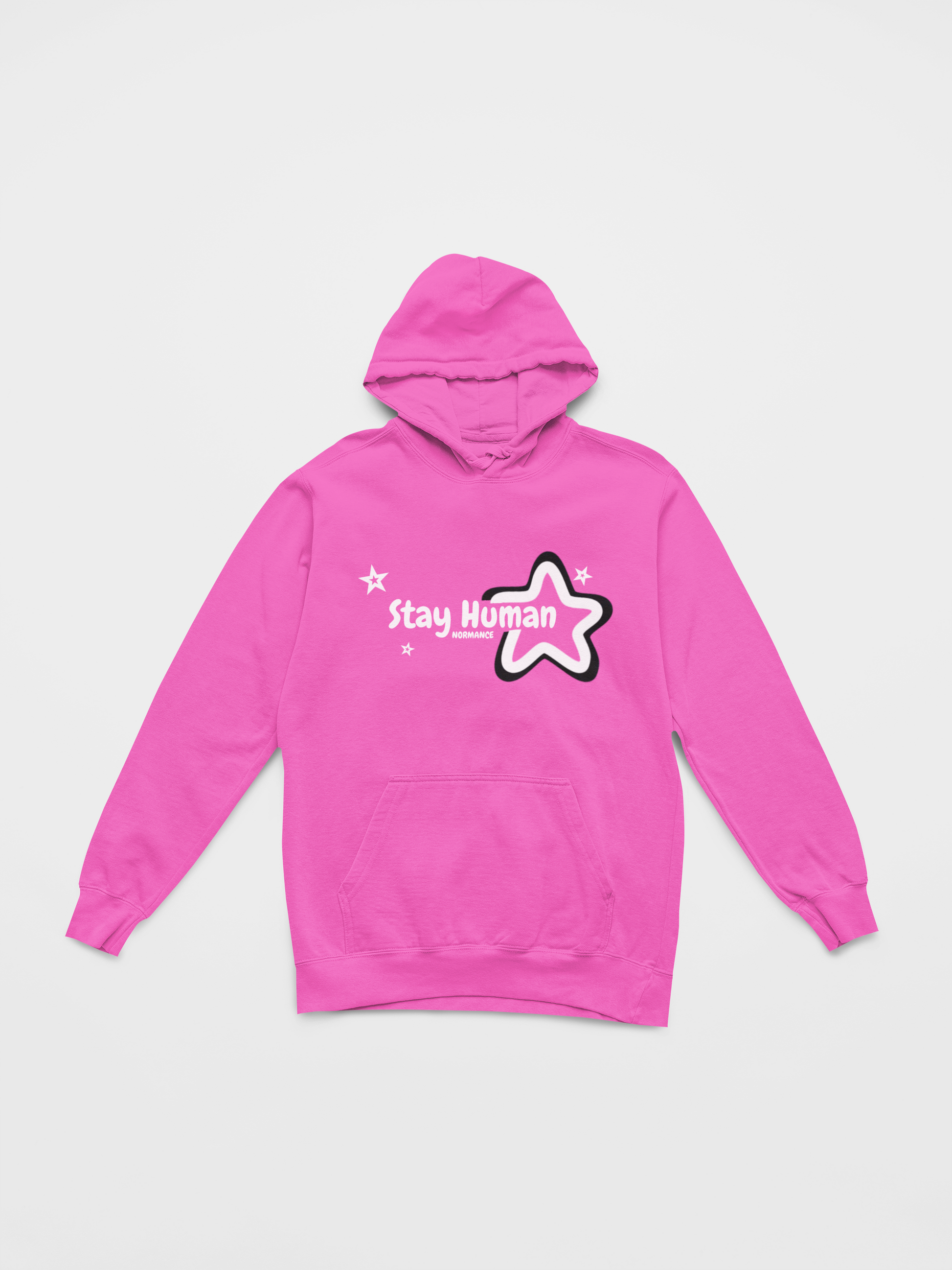 Pink hoodie with 'Stay Human' graphic on a light gray background