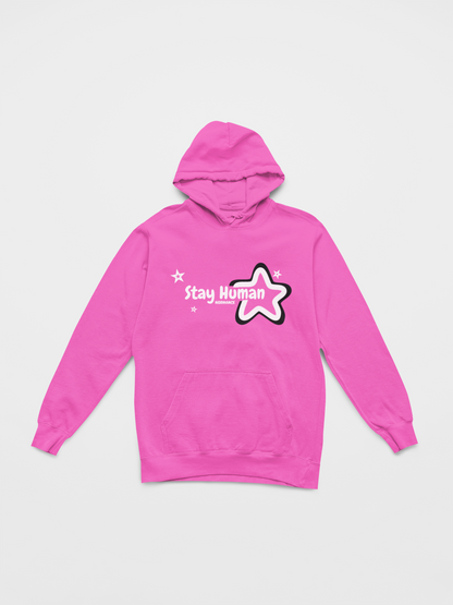 Pink hoodie with 'Stay Human' graphic on a light gray background